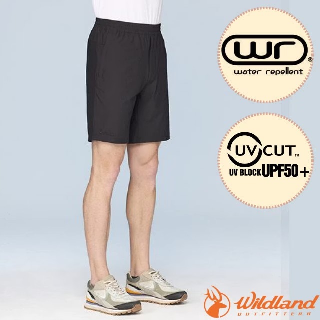 【荒野 WildLand】男 戶外休閒彈性短褲.休閒運動褲/防潑水.抗UV-CUT50+/0B31392-180 黑水塘✿30E010